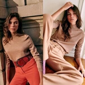 Sezane Merino Wool Sweater Button Shoulder Camel Brown Size‎ Medium Turtleneck M